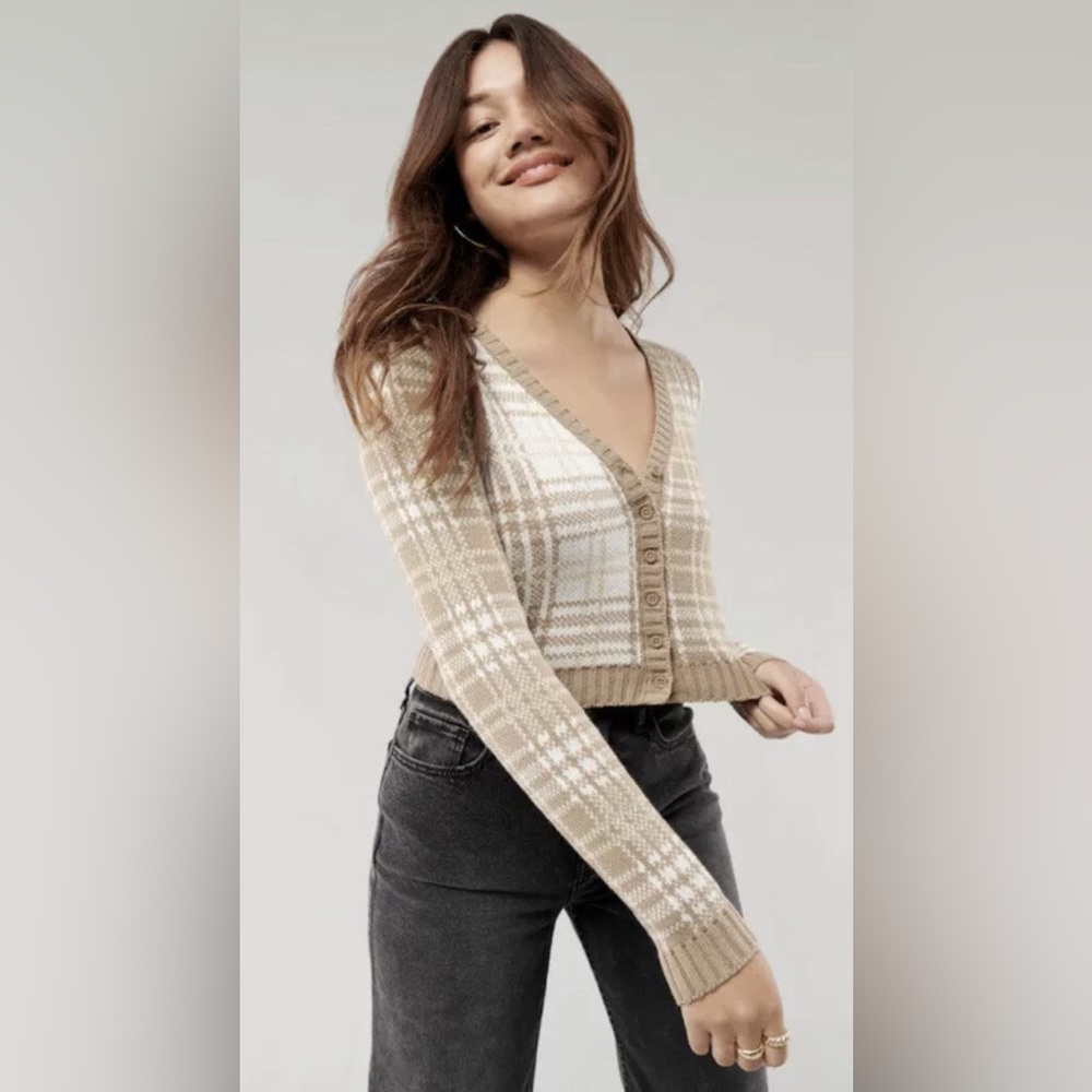 Hollister Brown and Cream Plaid Cardigan